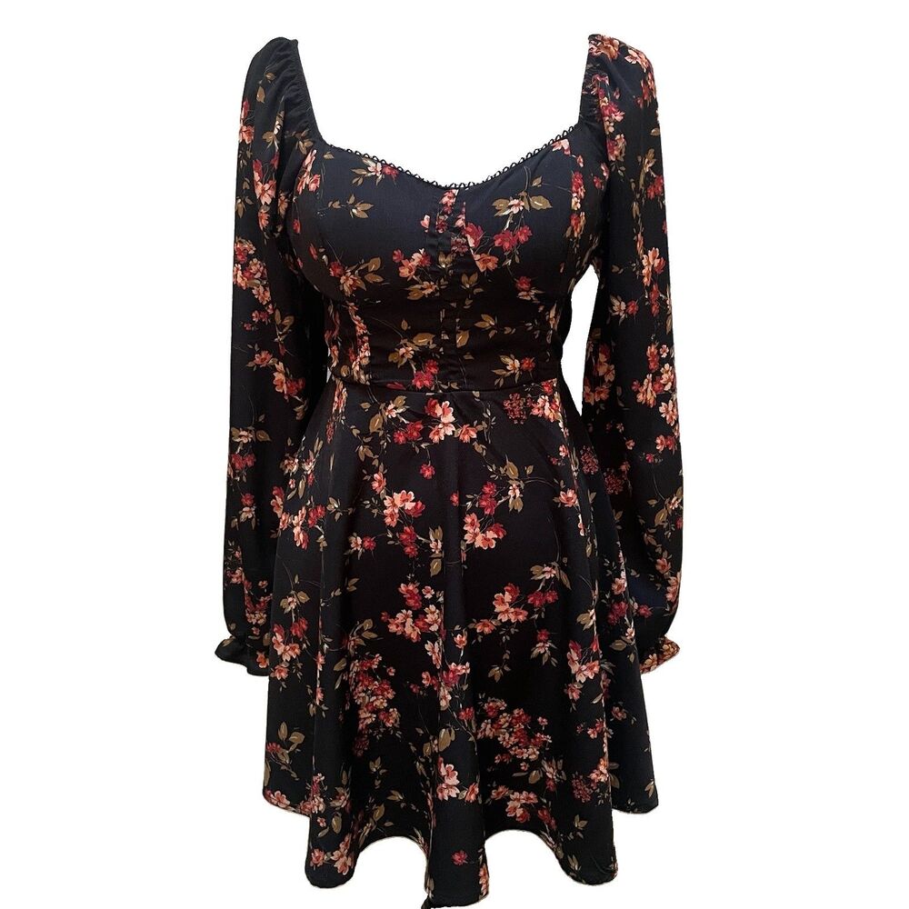Black Floral Milkmaid Dress M Cottagecore Sweetheart Puff Sleeve Whimsigoth Mini